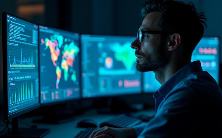 A data scientist analyzing complex health data visualizations on multiple screens, showing trends and patterns.