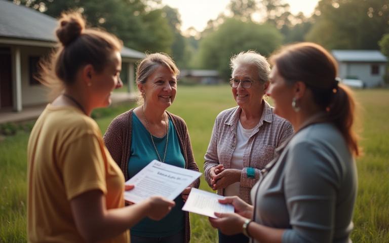 A group of community health workers engaging with residents in a rural setting, discussing health needs.